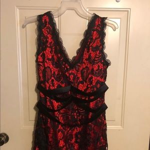 JJ’s House Black Lace Red Underlay Cocktail Dress